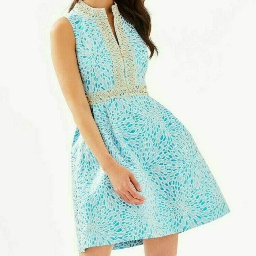 Lilly Pulitzer Franci Dress Bermuda Blue Lagoon Jacquard Gold Size 6 NWT